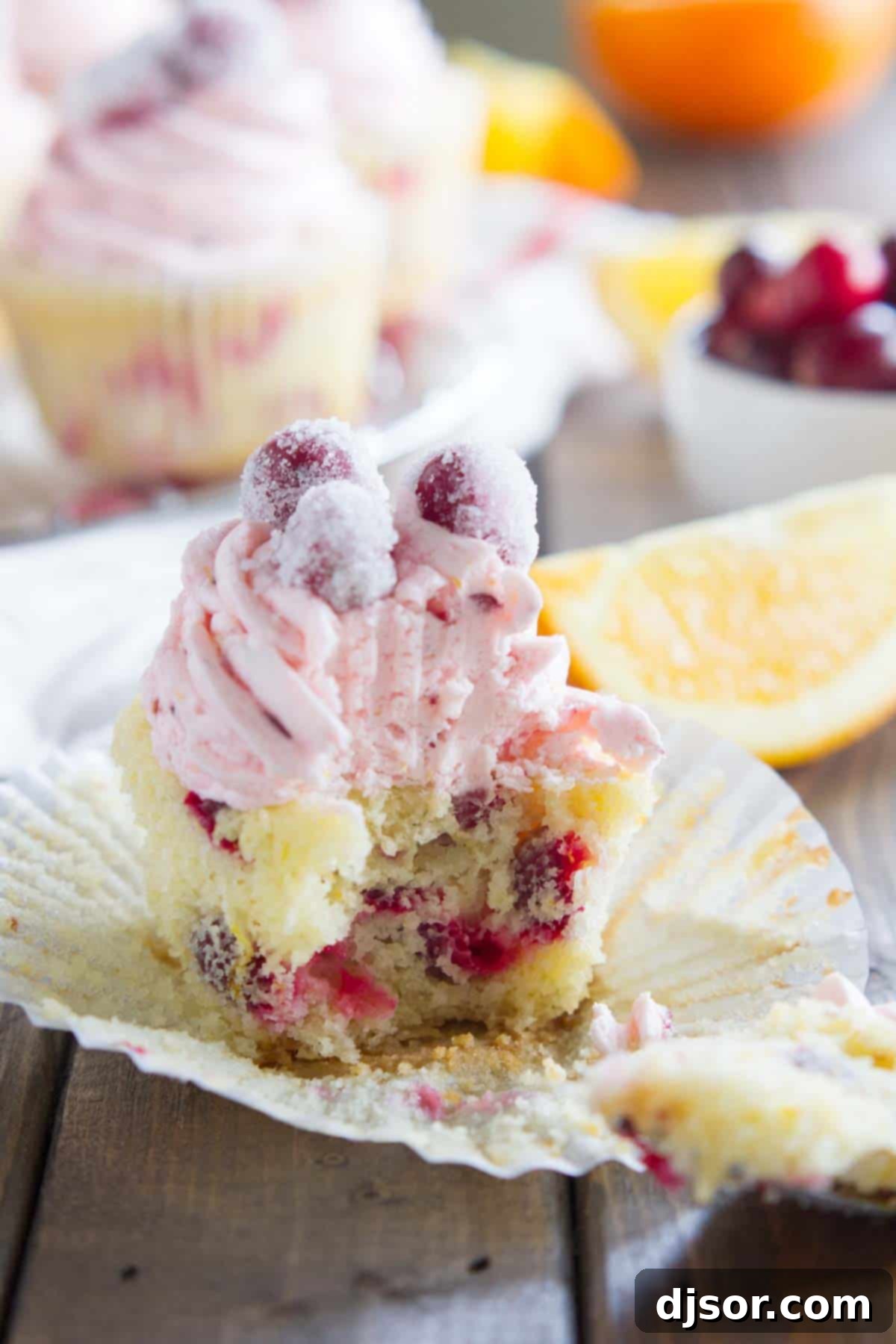 A close-up of a delectable Cranberry Orange Cupcake, showcasing its inviting texture. Cranberry orange cupcake with a bite taken from it, revealing the moist interior and cranberry bits.