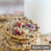 Oatmeal Cranberry Chocolate Toffee Cookies 2 Four Oatmeal Cranberry Cookies stacked on top of each other.