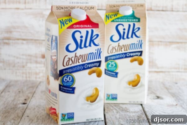 Creamy Cashew Coconut Hot Chocolate 5 Silk Cashewmilk carton, a key ingredient for creamy dairy-free hot chocolate