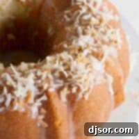 Toasted coconut on top of a coconut bundt cake, a perfect dessert recipe.