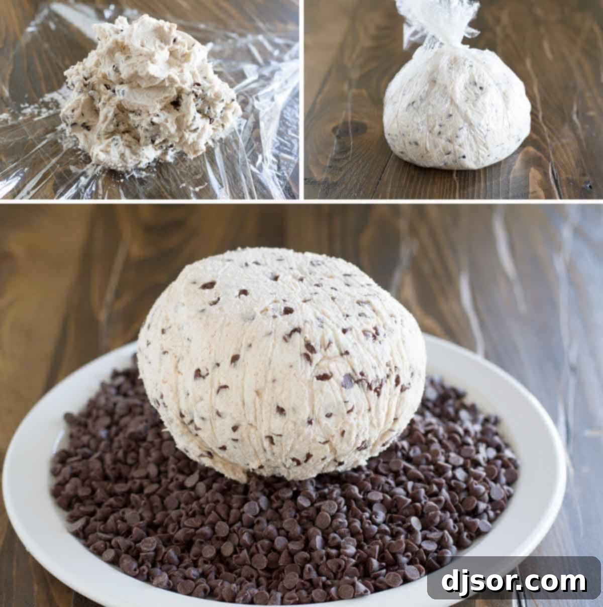 Steps to make a cannoli cheese ball, including mixing and shaping the dessert.