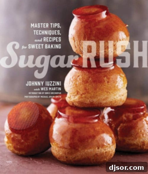A review of Sugar Rush by Johnny Iuzzini, showcasing the cookbook alongside a delicious crumb cake slice, emphasizing the blend of professional and home baking.