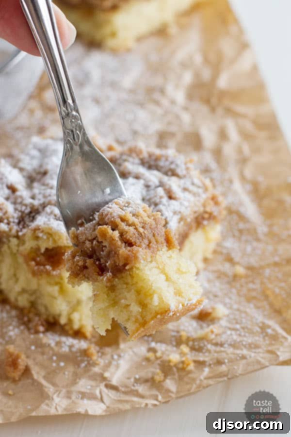 The best Crumb Cake Recipe, showcasing a generous slice with its tender cake and abundant crumb topping, perfect for any occasion.