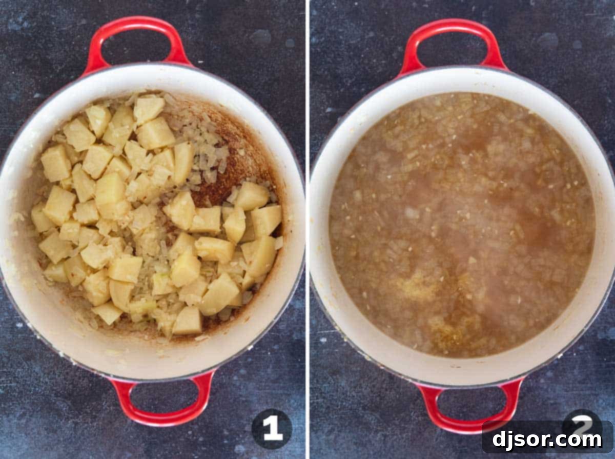 A large soup pot on the stove, showing onions, cubed potatoes, and minced garlic sautéing in melted butter, followed by a separate shot illustrating the addition of chicken broth to the browned vegetables.