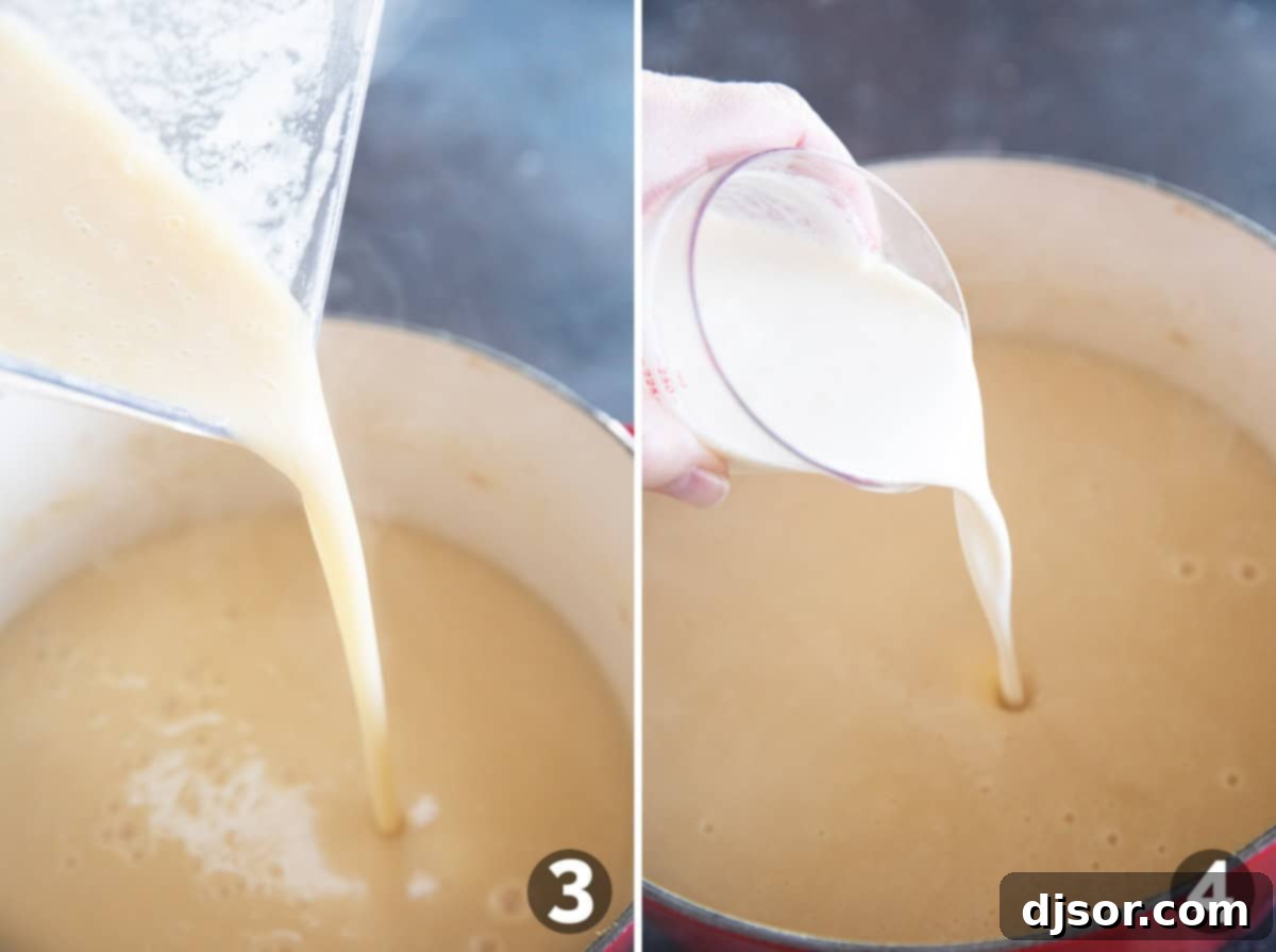 The process of pureeing the cooked soup mixture in a blender to achieve a smooth consistency, followed by an image of heavy cream being stirred into the returned pureed soup in the pot.