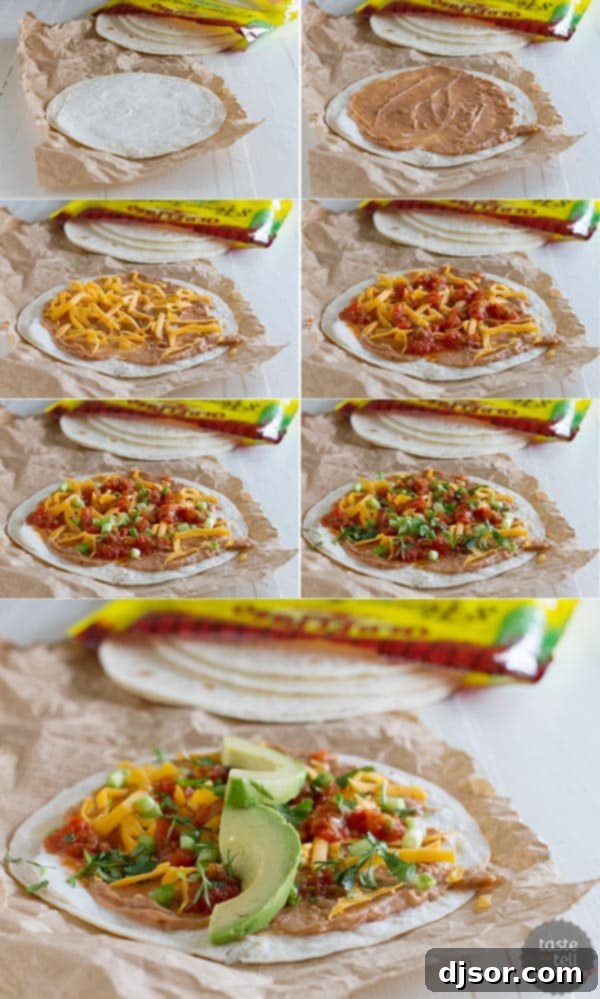 Process shots showing how to assemble the Vegetarian Wraps with Beans and Cheese, from spreading cream cheese to layering fillings.