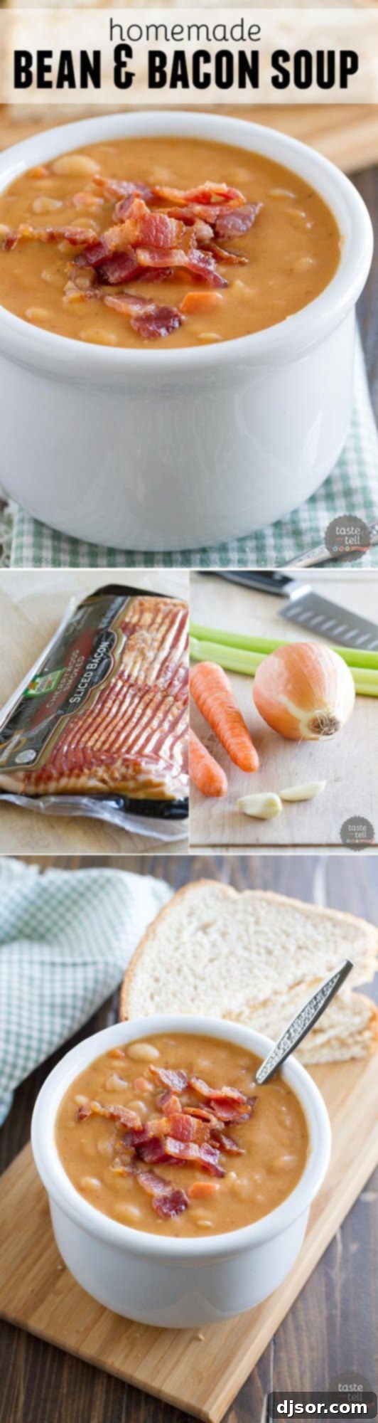 Hearty Bean and Bacon Soup 7 A top-down view of a generously portioned bowl of homemade bean and bacon soup, beautifully presented with a garnish of herbs, against a rustic backdrop, inviting a delightful meal.