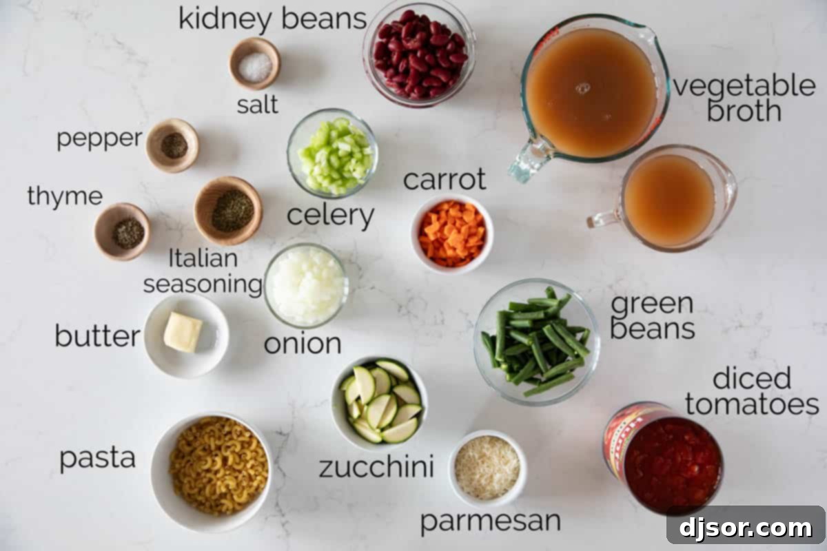 A collection of fresh ingredients laid out on a cutting board, including onions, carrots, celery, zucchini, green beans, and canned tomatoes, ready to be prepared for the homemade Minestrone Soup.