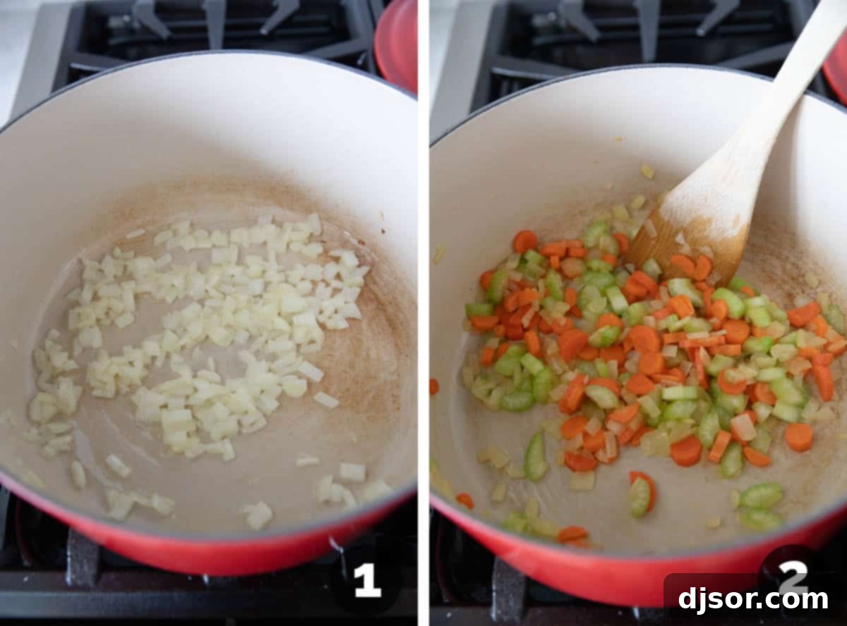 Chopped onions, carrots, and celery are being sautéed in a large Dutch oven, releasing their aromatic flavors to build the base of the Minestrone Soup.