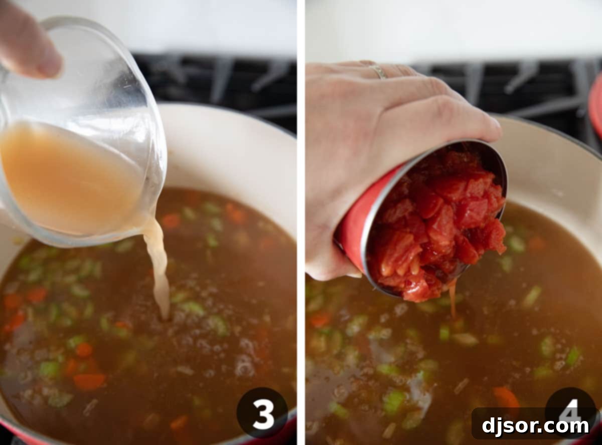 Vegetable broth and a can of diced tomatoes are being added to the sautéed vegetables in a large pot, preparing the liquid base for the Minestrone Soup.