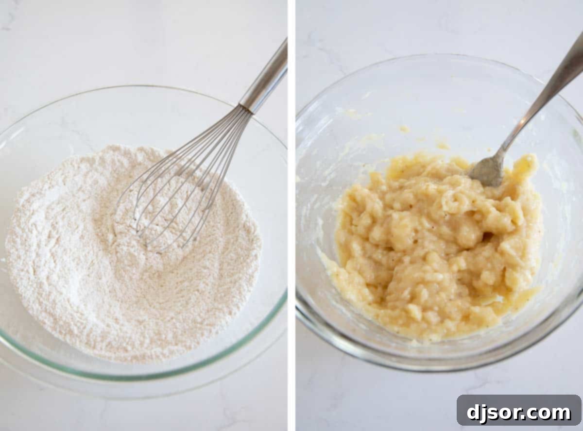 Fit for a king, this Peanut Butter Banana Bread with Chocolate Chips is a fun take on Elvis’ favorite flavor combination - peanut butter and bananas. A close-up shot showing two steps: a hand whisking dry ingredients in a large bowl, and a separate bowl with ripe bananas being mashed with a fork.