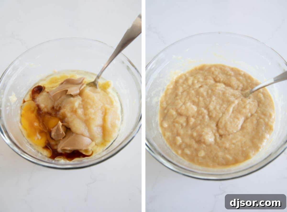 Fit for a king, this Peanut Butter Banana Bread with Chocolate Chips is a fun take on Elvis’ favorite flavor combination - peanut butter and bananas. A close-up shot of a large bowl filled with mashed bananas, eggs, peanut butter, applesauce, oil, and vanilla extract, with a whisk ready to mix them into the wet ingredients for banana bread.