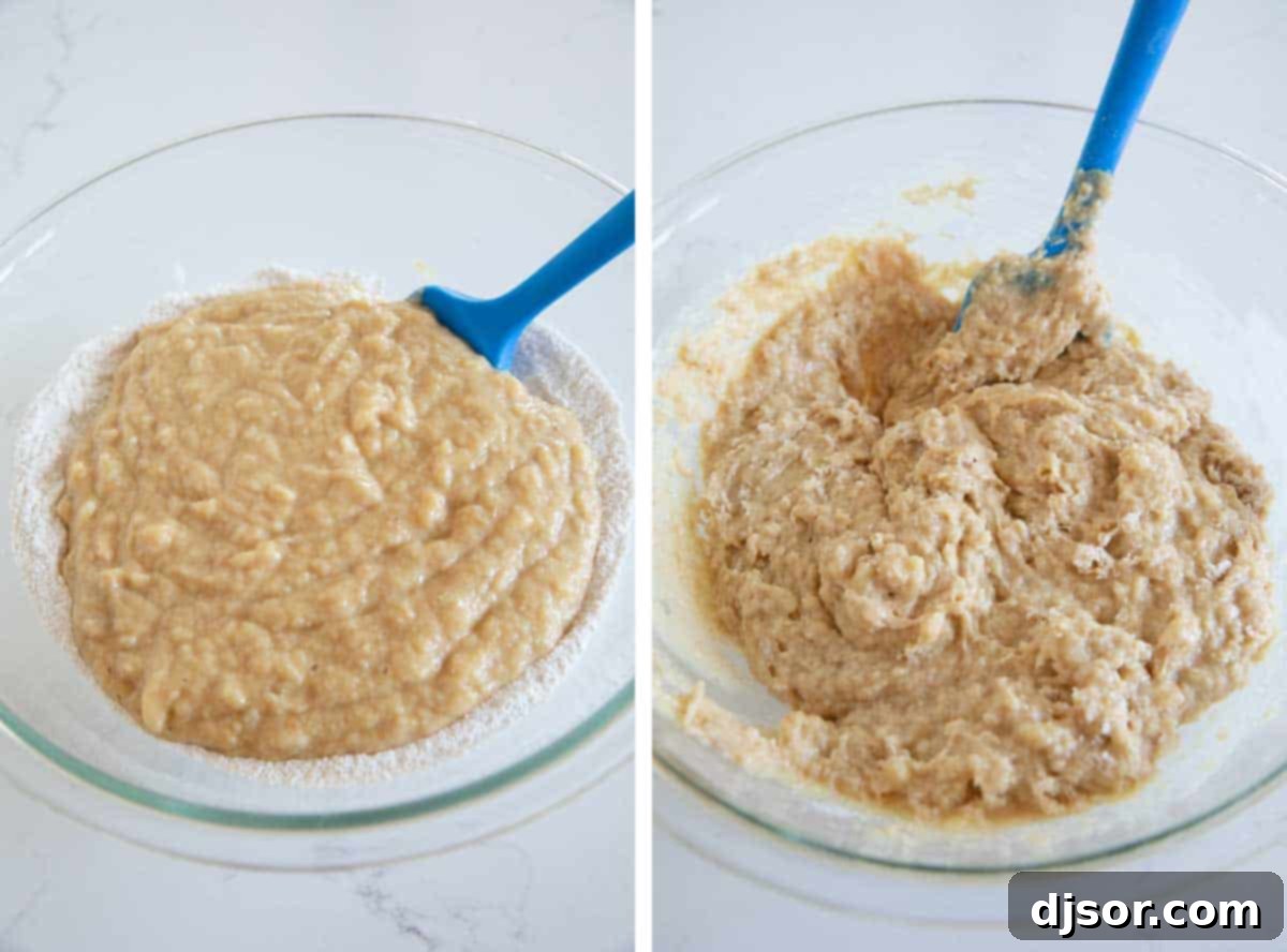 Fit for a king, this Peanut Butter Banana Bread with Chocolate Chips is a fun take on Elvis’ favorite flavor combination - peanut butter and bananas. A large bowl containing the combined wet and dry ingredients for peanut butter banana bread batter, being gently mixed with a spatula to prevent overmixing.