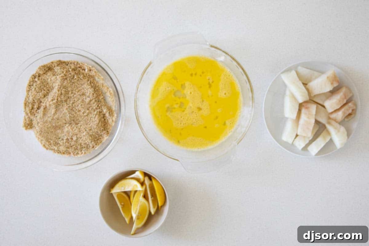 Step-by-step process showing fish strips being coated in breading mixture in shallow bowls.