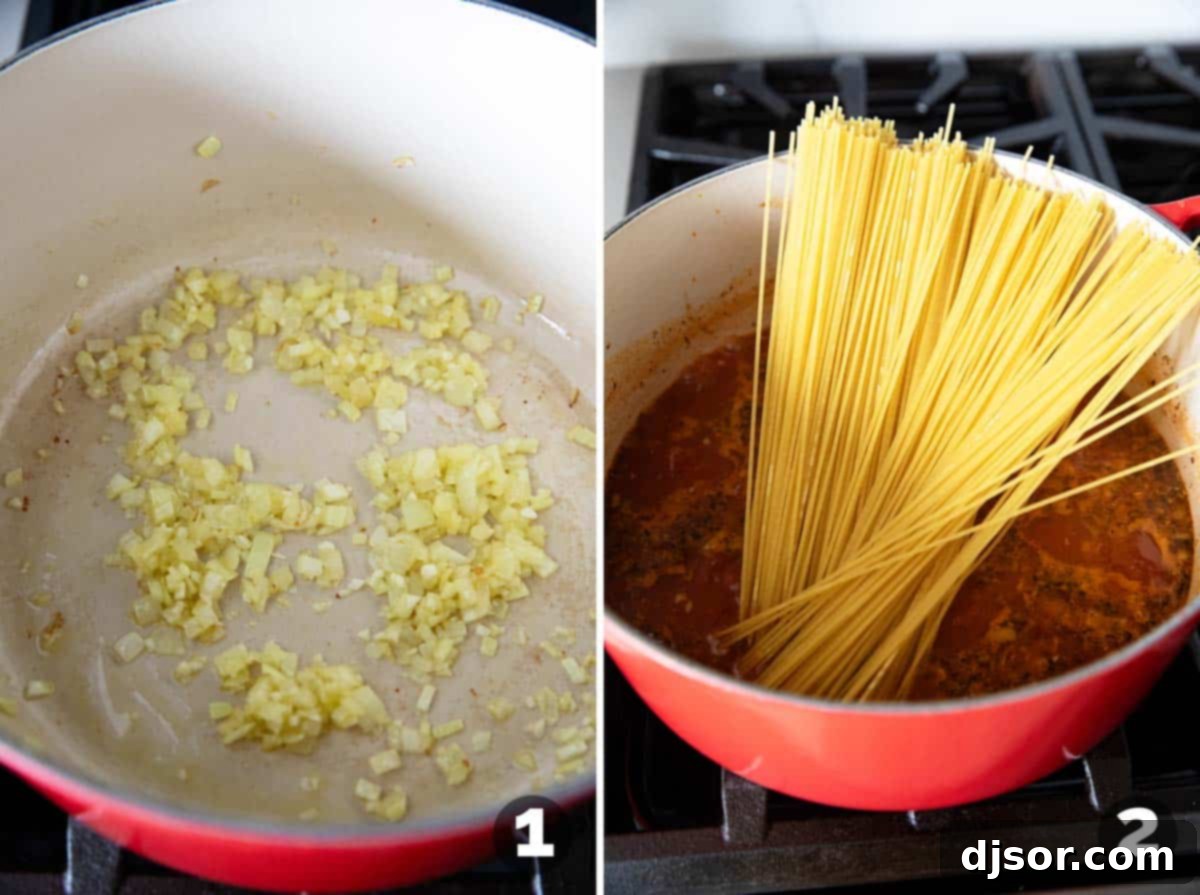 One Pan Creamy Meatball Spaghetti 4 A large pot on the stove, showing sliced onions and minced garlic being sautéed in olive oil, followed by the addition of broth, marinara, tomato sauce, and spaghetti strands.