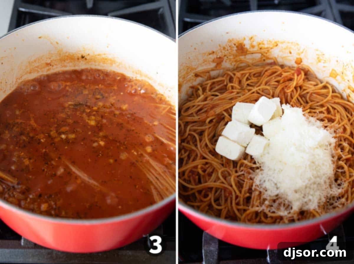 One Pan Creamy Meatball Spaghetti 5 A Dutch oven with spaghetti partially submerged in red sauce, followed by a view of cooked spaghetti with cubes of cream cheese and grated parmesan being added and stirred.