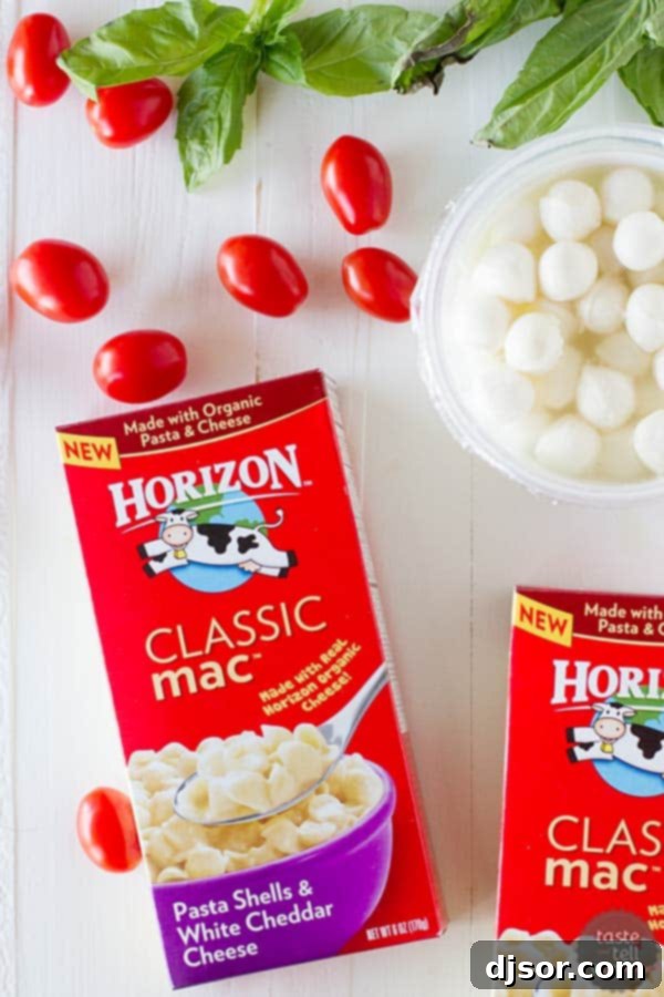 Caprese Comfort Mac 3 Ingredients laid out for a homemade Easy Caprese Mac and Cheese dish.