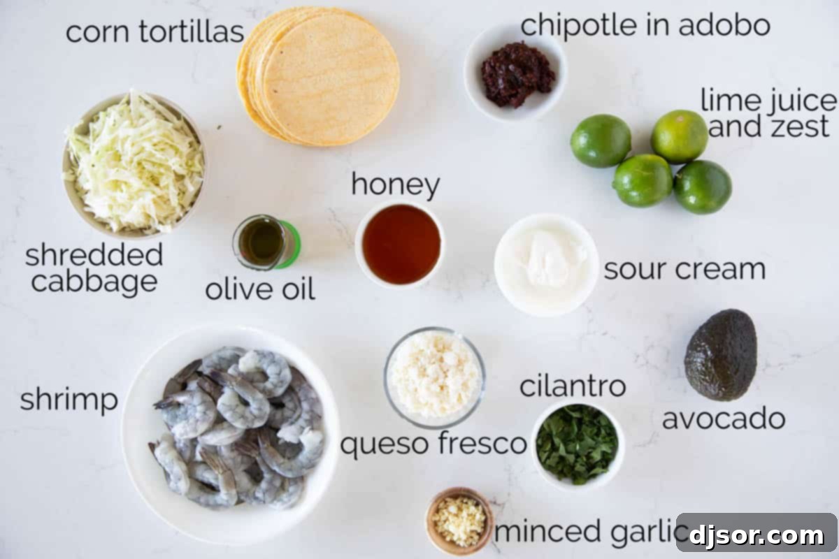 Ingredients needed to make shrimp tacos with chipotle lime crema.