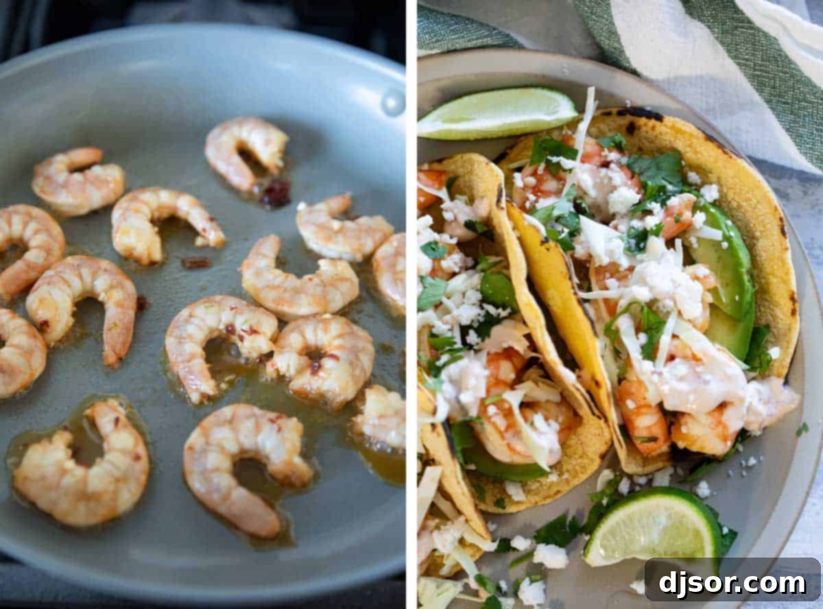 Cooking shrimp in a skillet and assembled shrimp tacos.