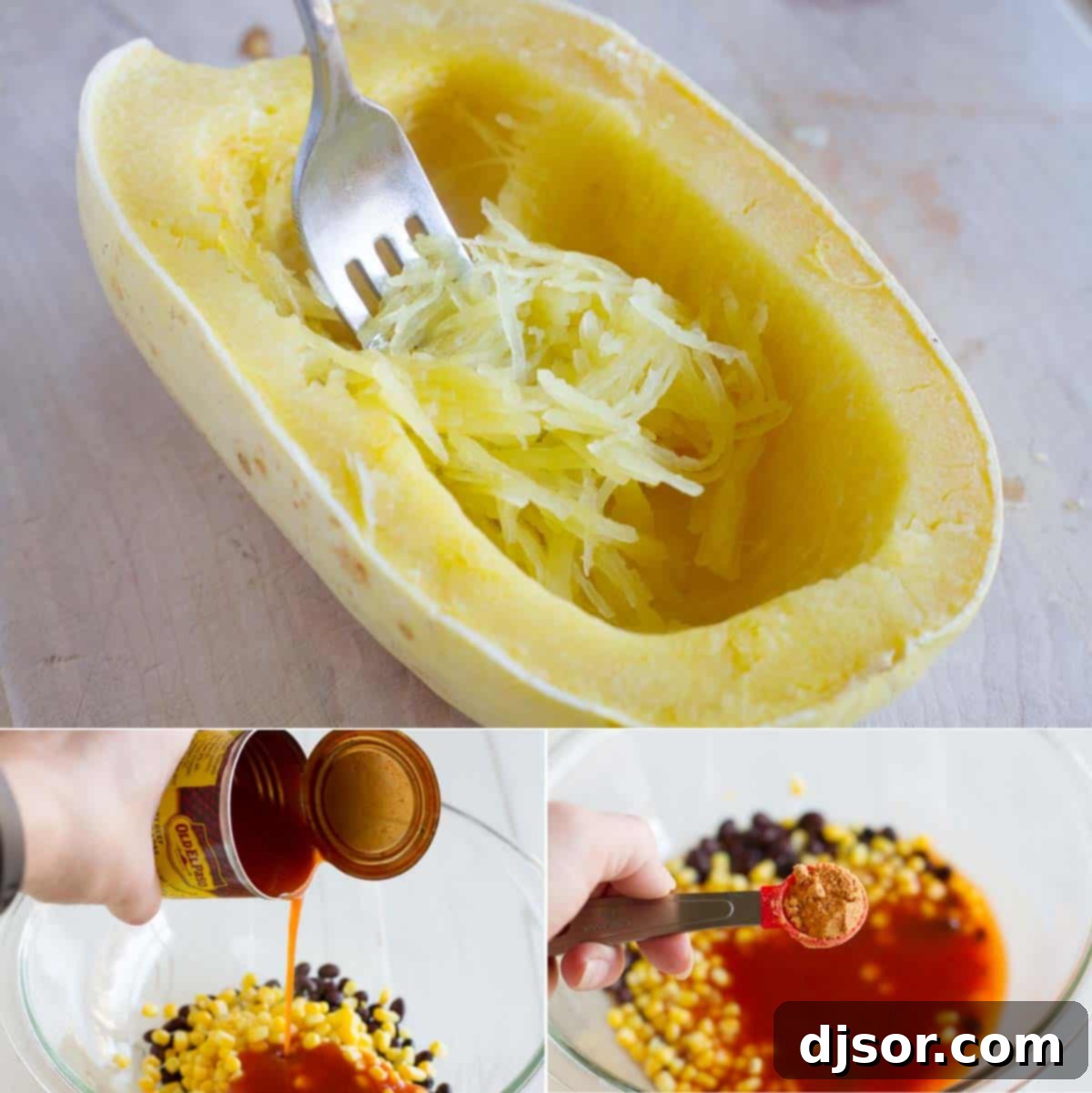 Detailed step-by-step process of preparing Southwestern Stuffed Spaghetti Squash, showing ingredients and cooking stages.