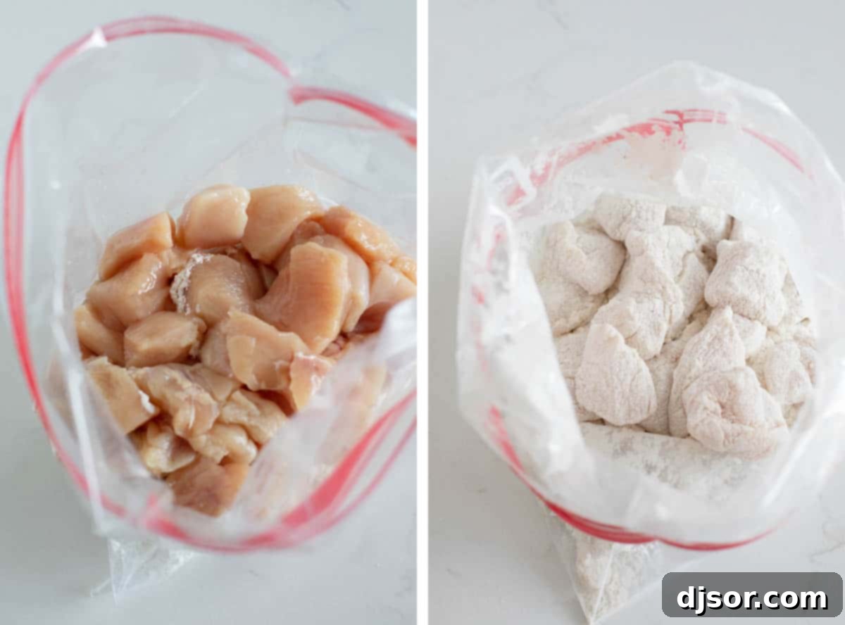 coating chicken chunks with flour for homemade chicken nuggets