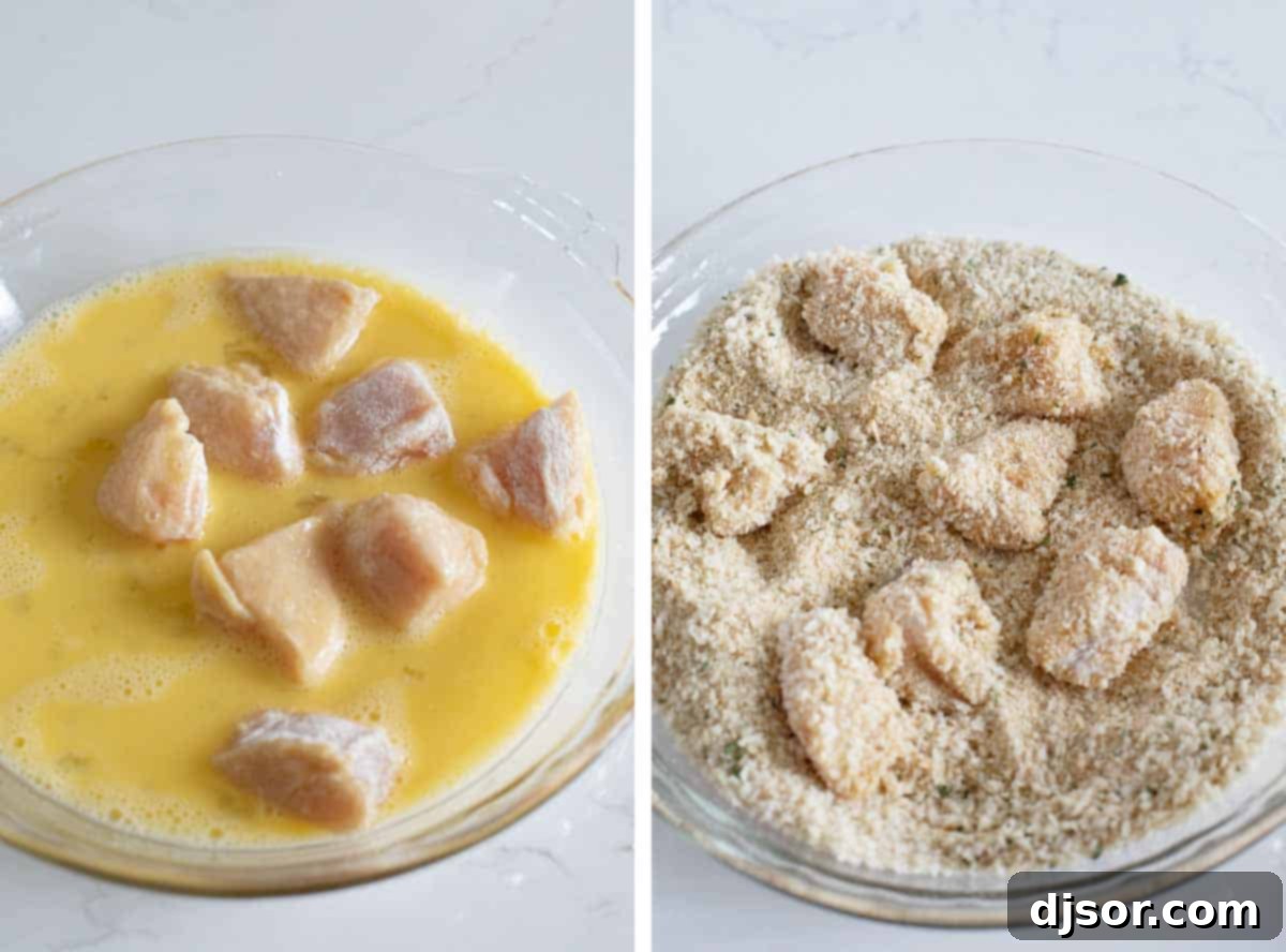 dipping chicken in egg wash and breadcrumbs for homemade chicken nuggets
