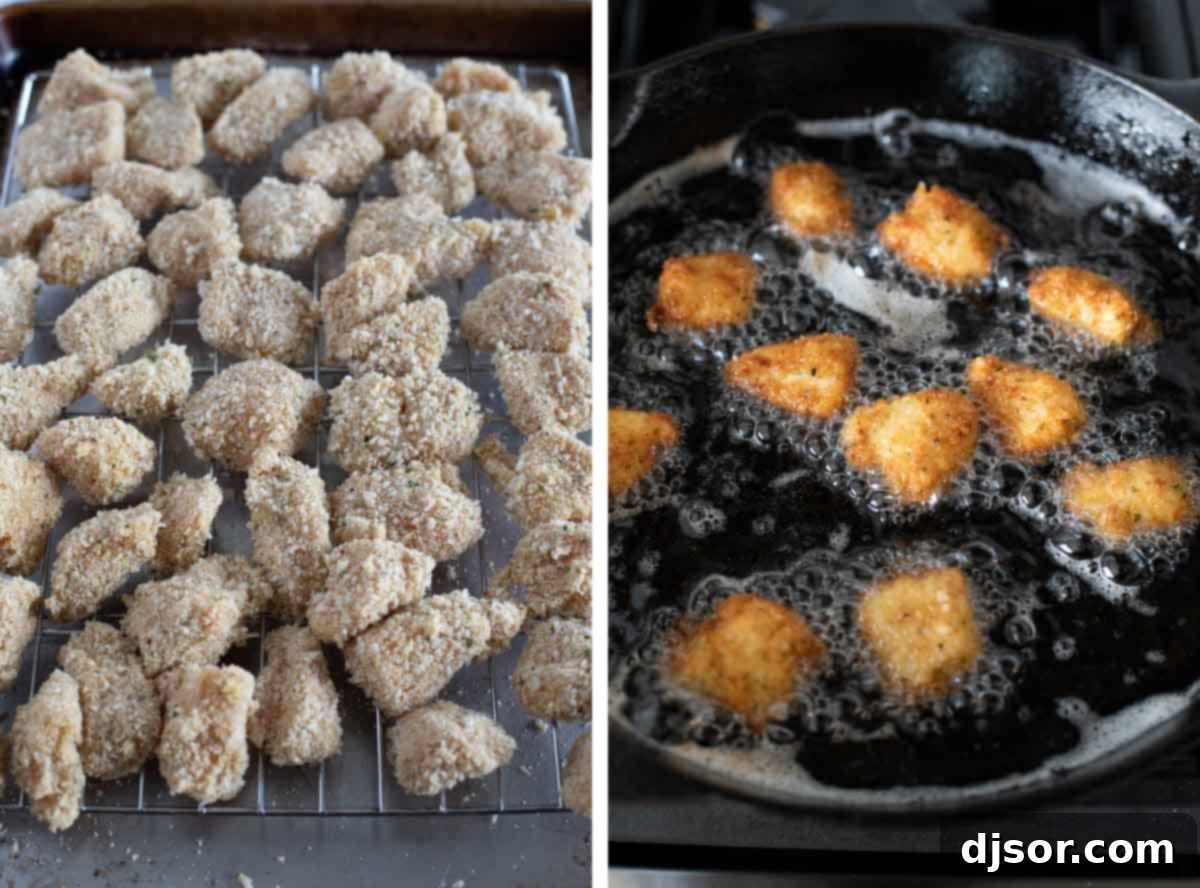 frying homemade chicken nuggets in a skillet