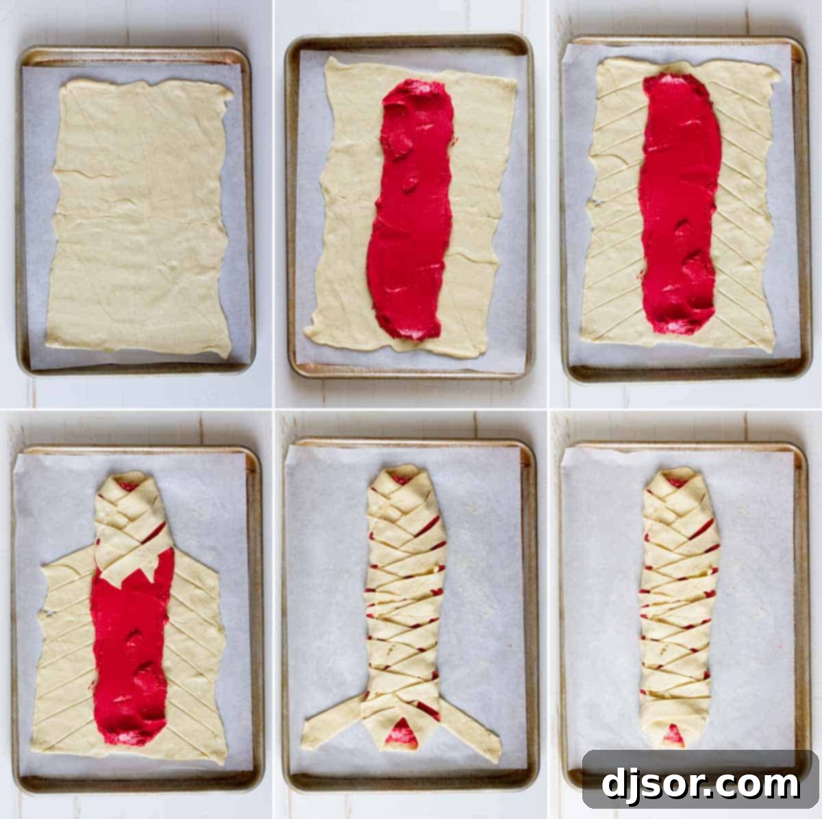 Decadent Red Velvet Cream Cheese Danish 3 Step-by-step images showing how to prepare and braid the Red Velvet Cream Cheese Danish dough.