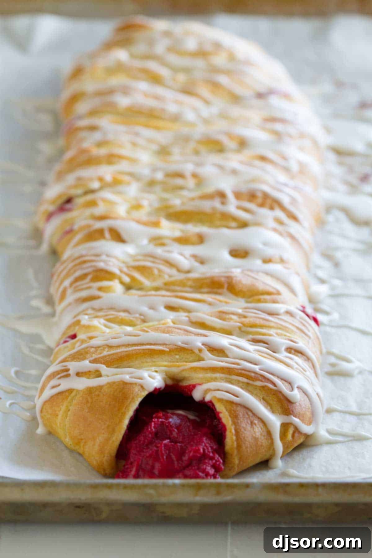 Decadent Red Velvet Cream Cheese Danish 4 Finished Red Velvet Cream Cheese Danish, drizzled with a sweet vanilla glaze.