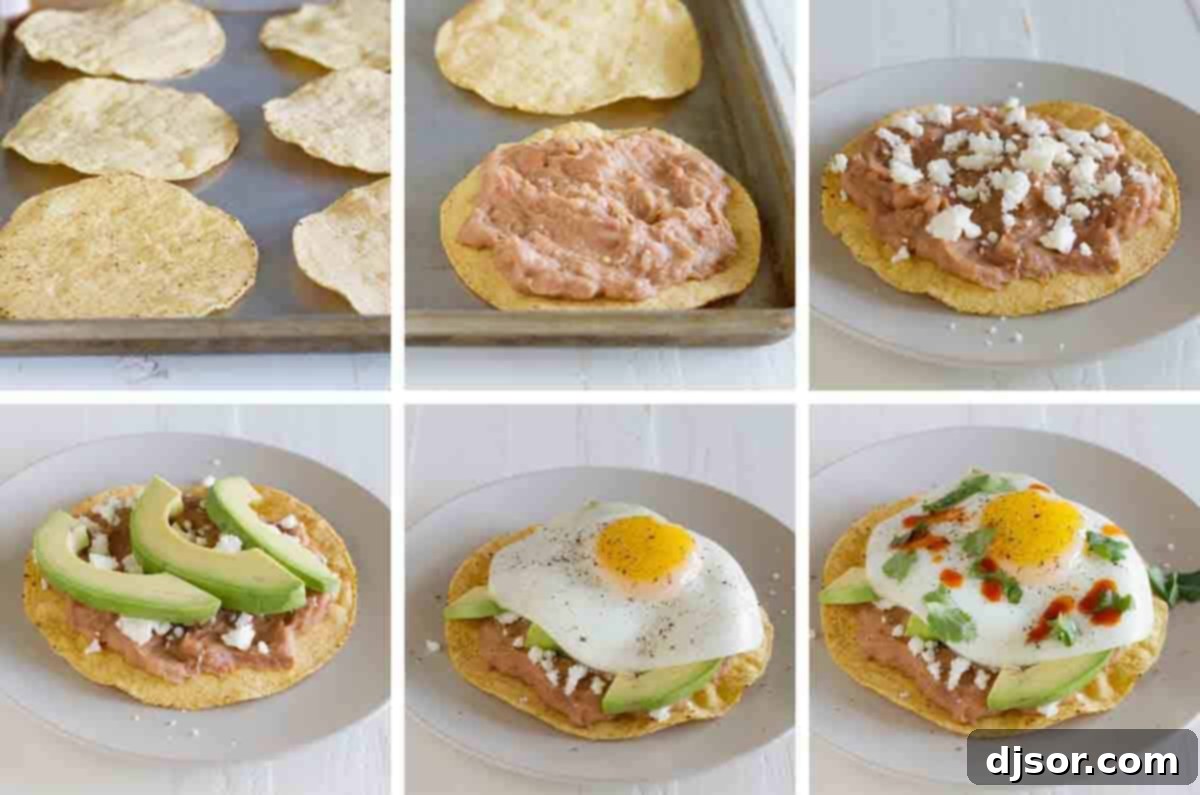 A step-by-step visual guide showing how to assemble breakfast tostadas, from baking the shells and heating the beans to topping with cheese, avocado, and a fried egg.