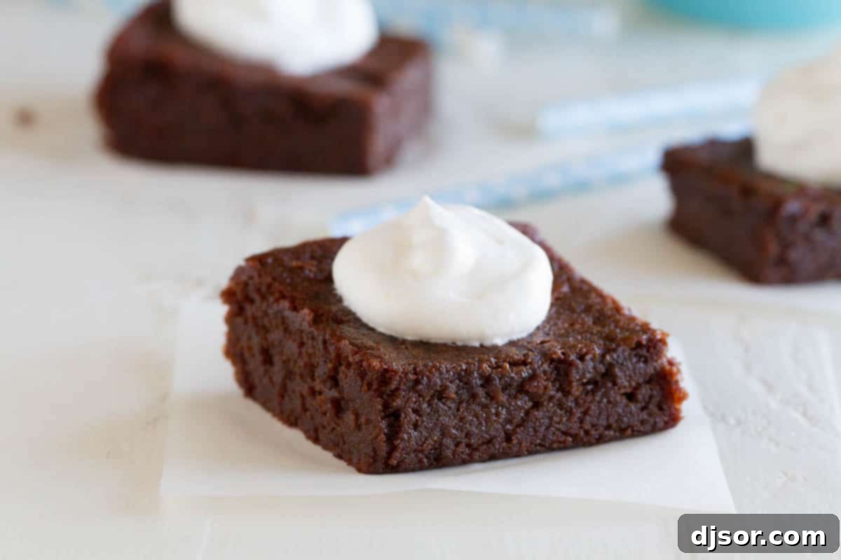 Fudgy Coconut Flour Brownies 2 Decadent Coconut Flour Brownie topped with a dollop of whipped cream, showcasing its rich texture.