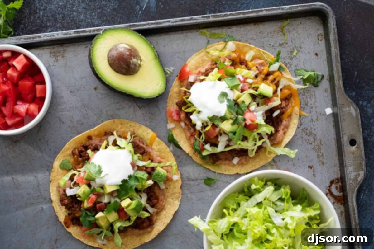 Variety of fresh toppings for customizable Beef Tostadas