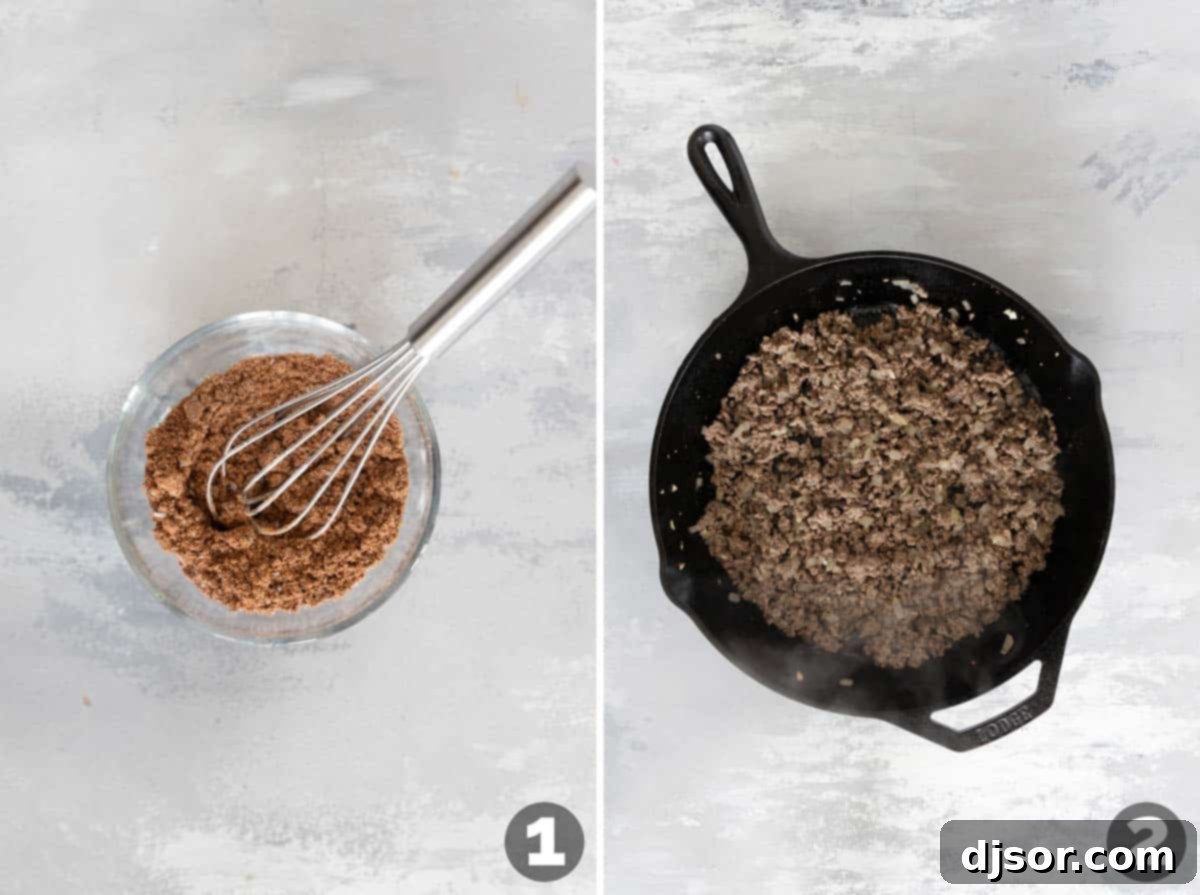 Preparing the spiced ground beef mixture for tostadas