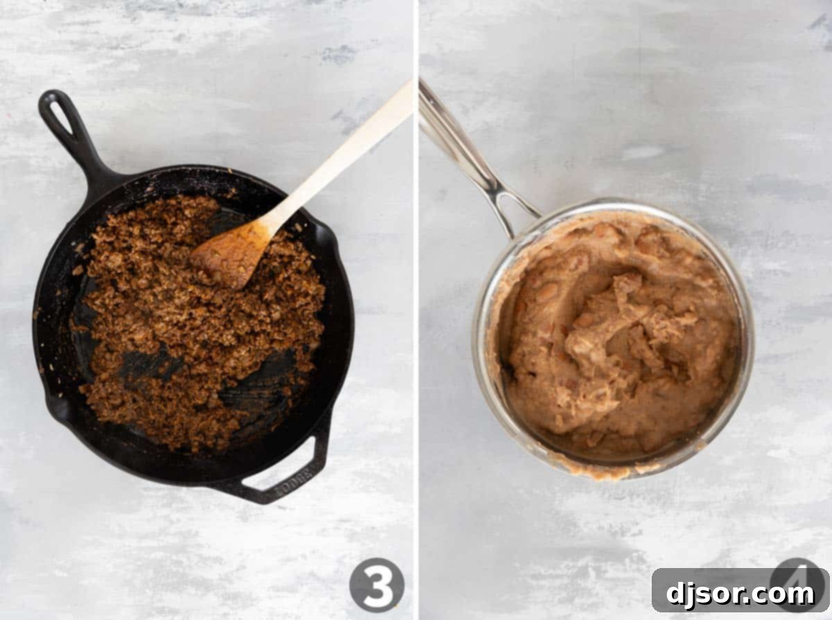 Ground beef mixture simmering and refried beans heating