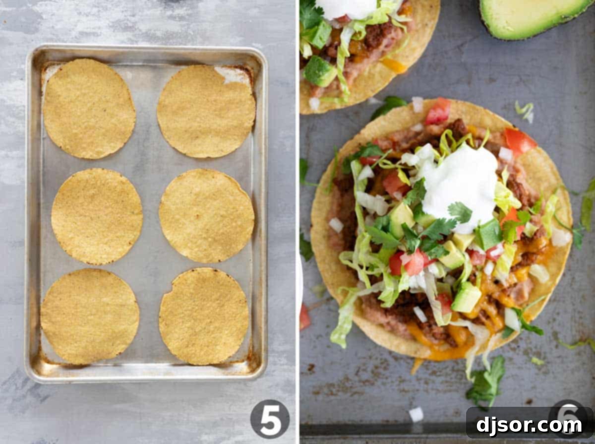 Heating tostada shells and assembling Beef Tostadas with toppings