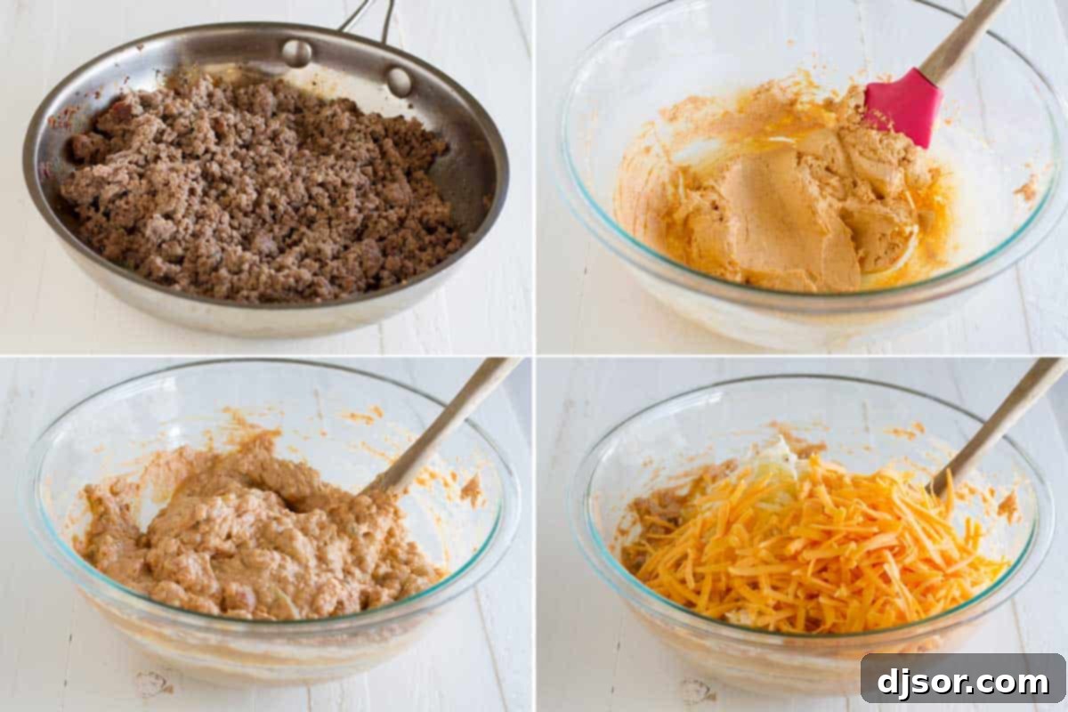 Easy Steps to Make Hot Beef and Bean Dip Step-by-step assembly of the hot beef and bean dip, showing ingredients being mixed.