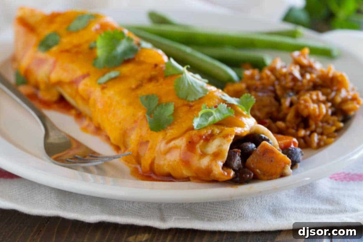 A plate of Sweet Potato and Black Bean Enchiladas served with a side of rice and fresh green beans, showcasing a complete and balanced meal.