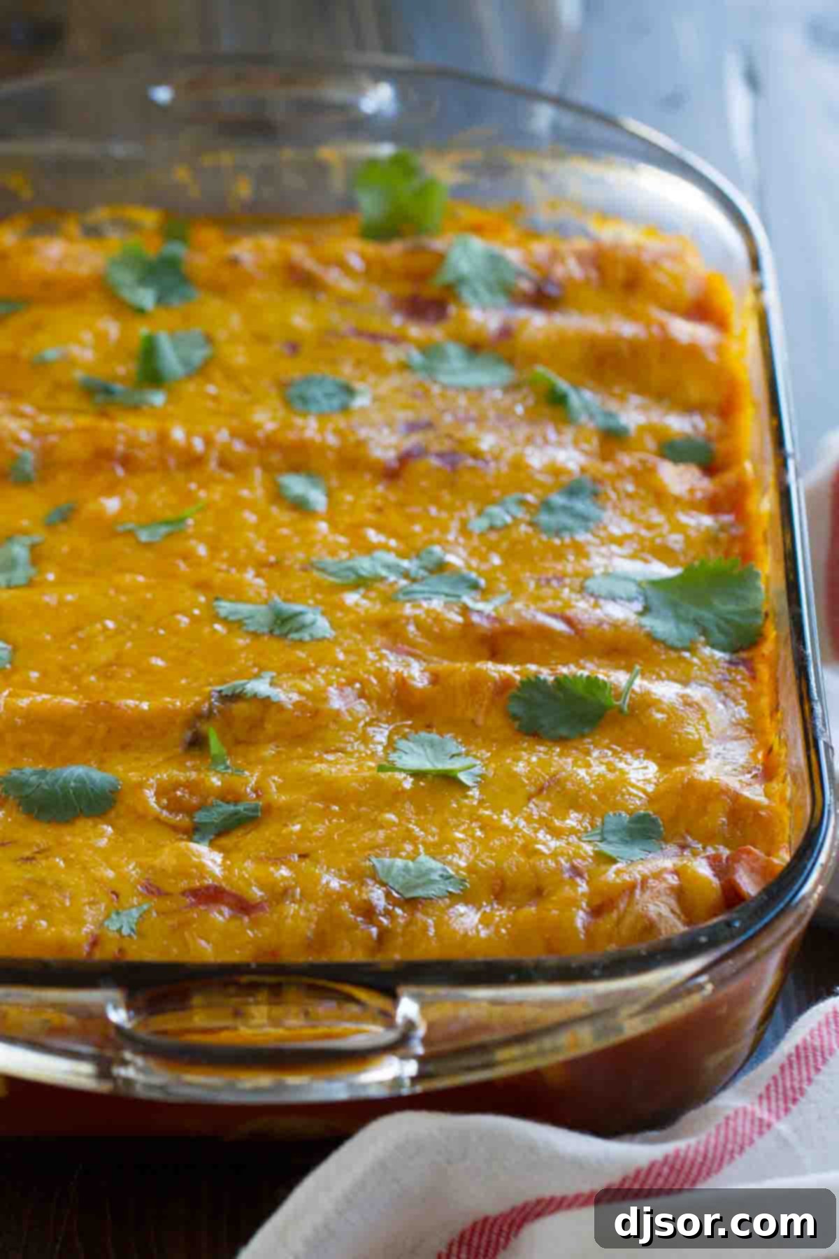 A baking dish filled with golden-brown Sweet Potato and Black Bean Enchiladas, generously topped with melted cheese and fresh cilantro, ready to be served.