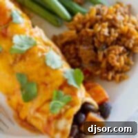 close up of vegetarian enchilada made with sweet potatoes and black beans.