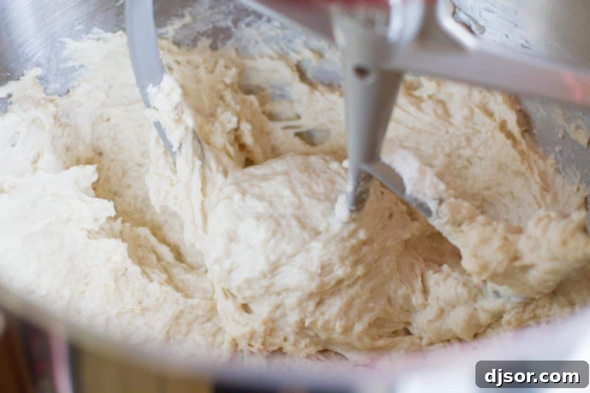 Adding all-purpose flour and salt gradually to the wet yeast mixture in a stand mixer, demonstrating the initial mixing process.