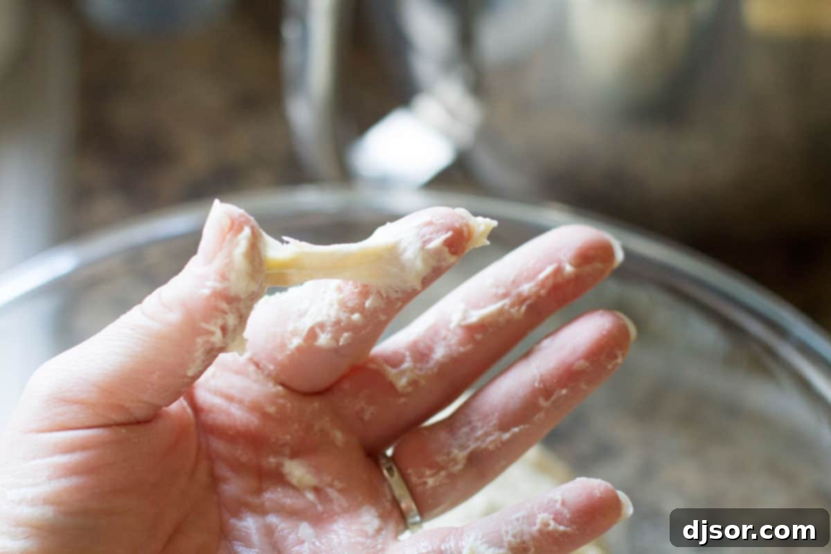A close-up view of the sticky pizza dough, confirming its characteristic texture that adheres to fingers, a critical step for a light and airy crust.
