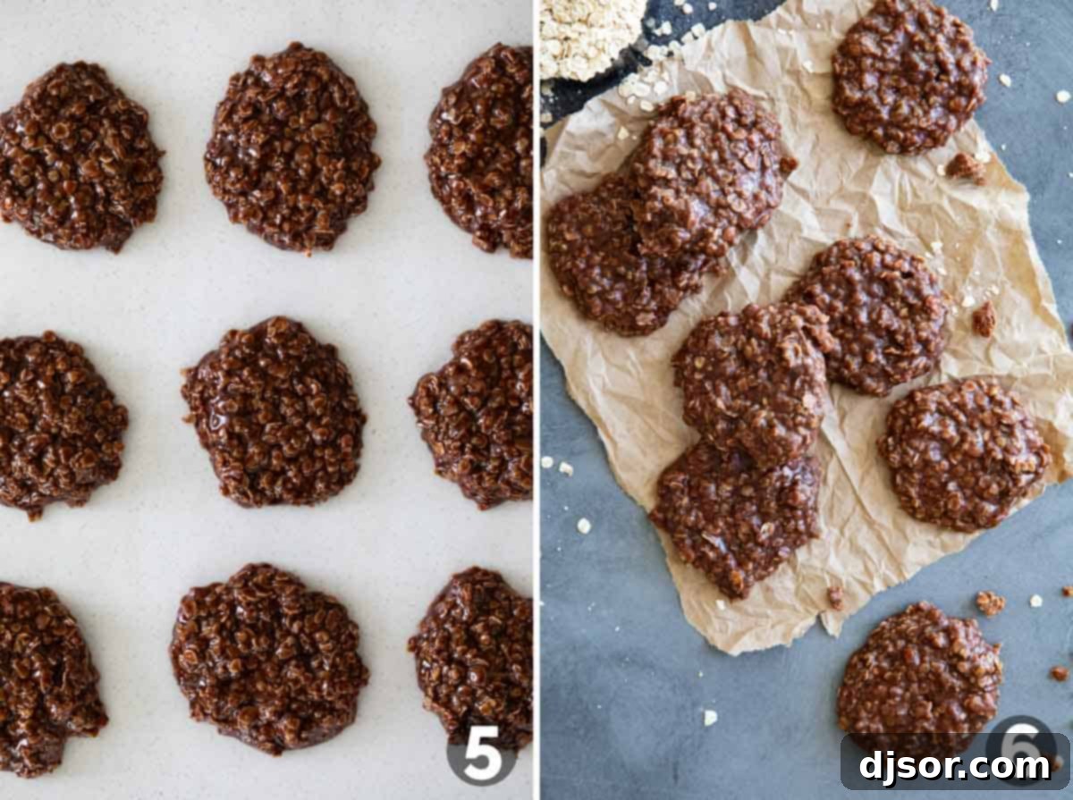 Scooping the warm no bake cookie mixture onto wax paper to set, using a cookie scoop for uniform size.