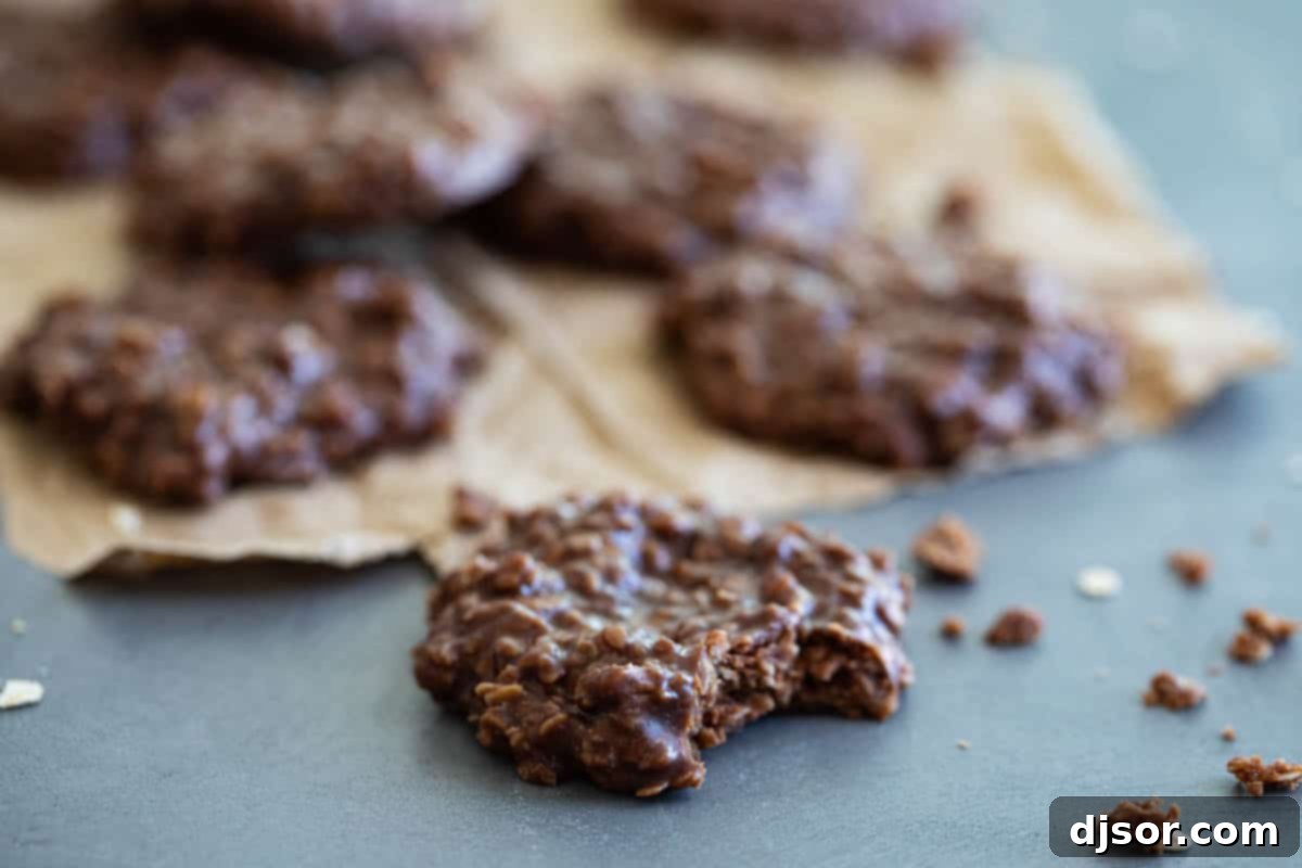 A bitten chocolate peanut butter no bake cookie, showing its chewy oat and fudgy texture.