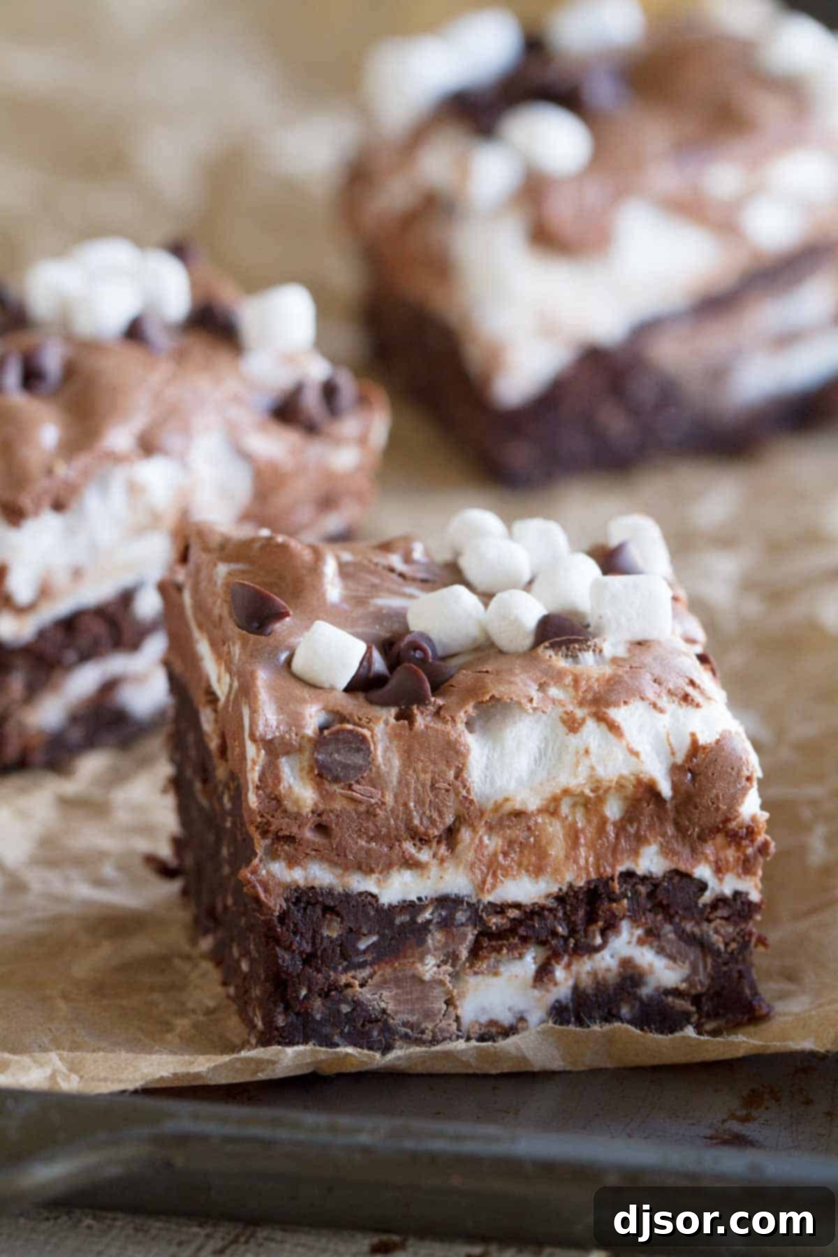 Marshmallow coconut brownies filled with Mallow Cups and topped with marshmallows and chocolate.