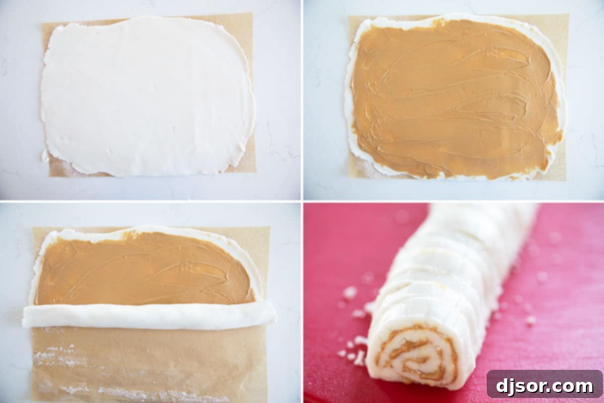 Rolling dough and filling with peanut butter for Potato Candy.