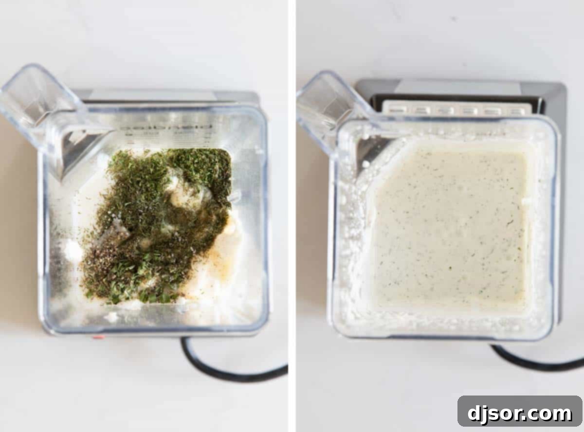 Overhead view of a blender, showing the ranch dressing ingredients before and after blending, illustrating the transition from separate components to a smooth, cohesive mixture.