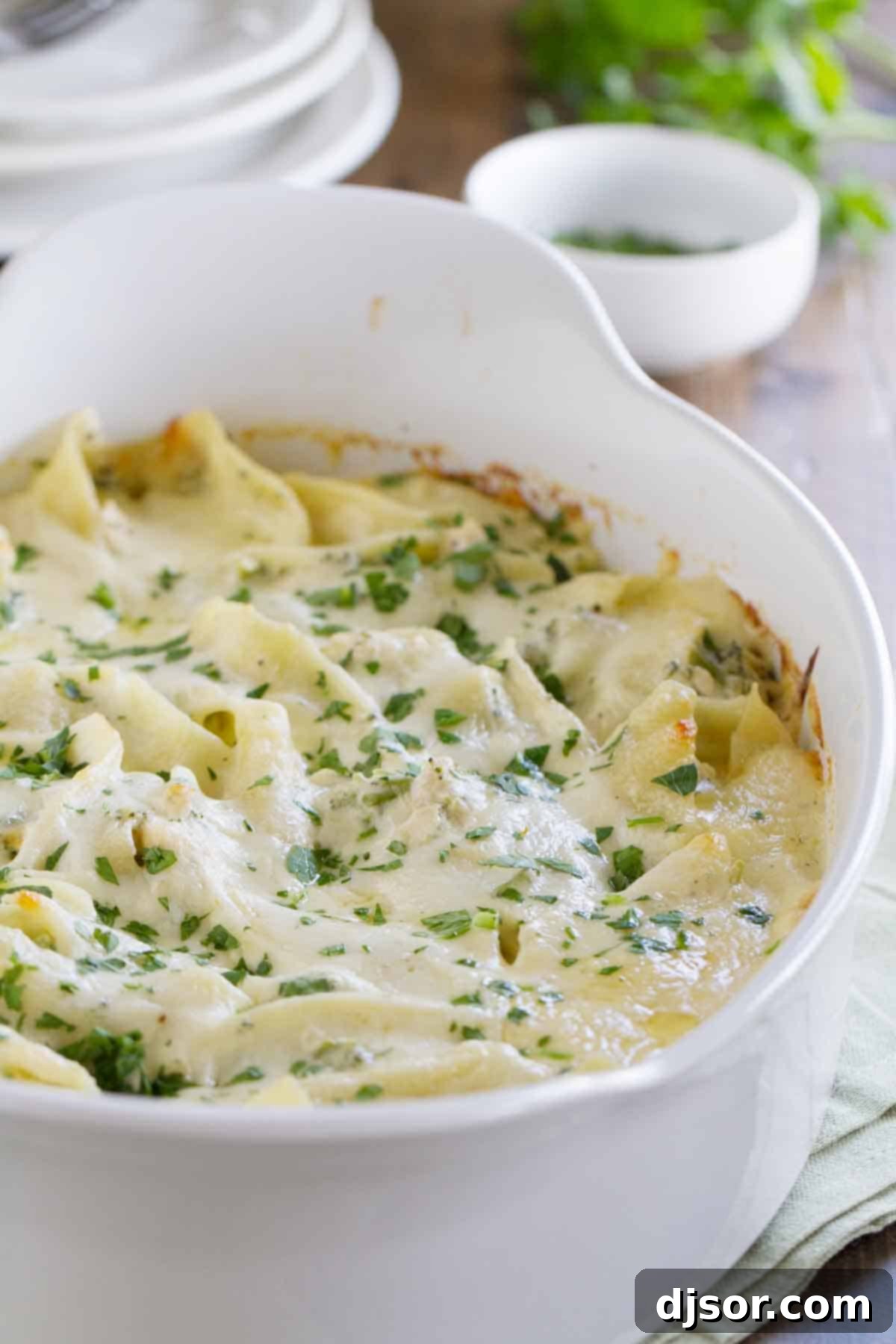 Creamy Chicken Alfredo Stuffed Shells with Broccoli baking dish with chicken alfredo stuffed shells, ready to serve