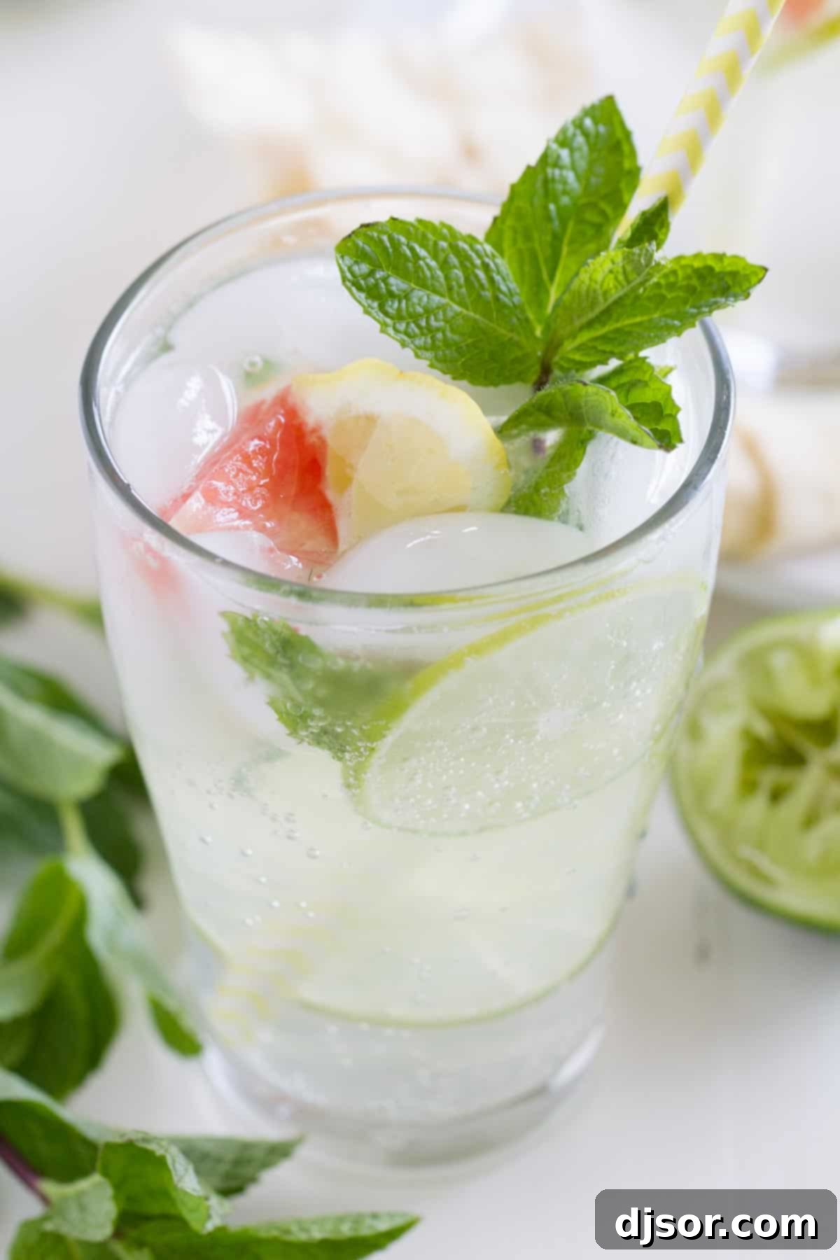 Virgin Mojito (Nojito) topped with fresh mint leaves and a vibrant citrus slice, ready to be enjoyed.