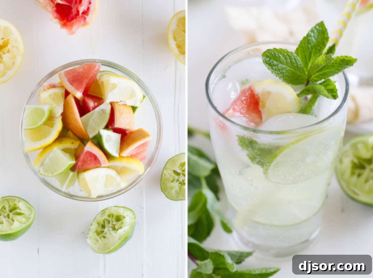 Collage featuring a Virgin Mojito (Nojito) mocktail alongside fresh, vibrant citrus fruits like limes, lemons, and grapefruits.