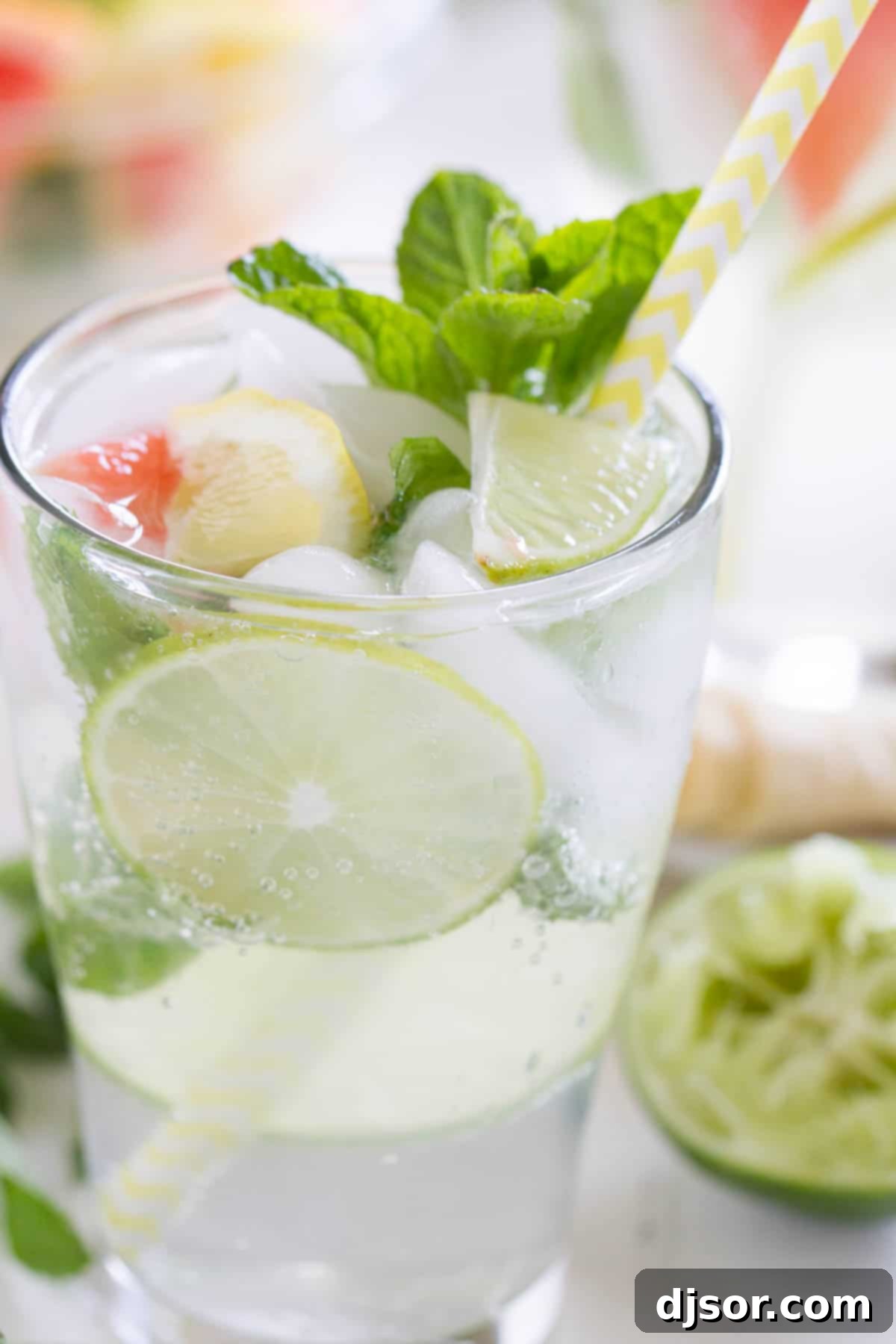 Virgin Mojito (Nojito) garnished with a variety of fresh citrus slices, including lime, lemon, and grapefruit, enhancing its vibrant appeal.